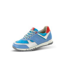 Blue kids' sneakers with details in white and red