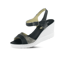 Black ladies'  sandals with a wedge-shaped heel in white